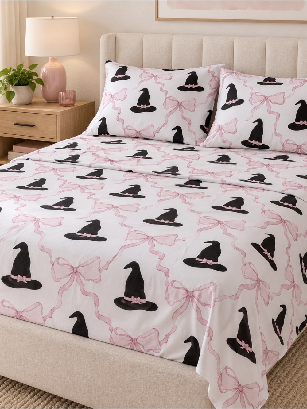 Skull & Bones Full Sheet Set 100% Cotton Halloween Witch Hats Pink Bows
